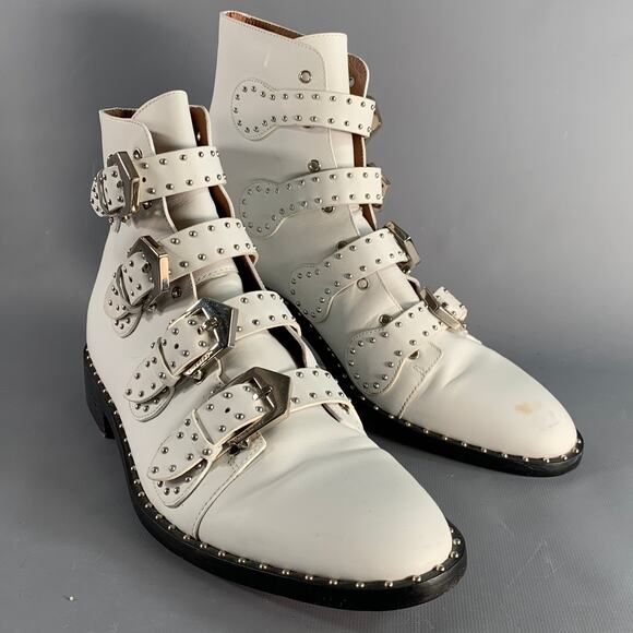 GIVENCHY Size 8 White Studded Leather Belted Boots - Picture 1 of 10